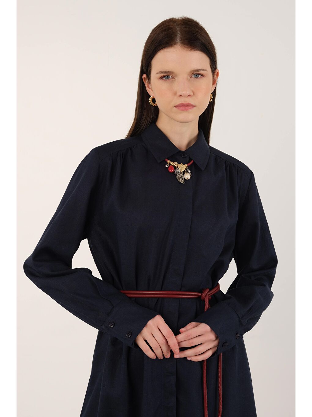 Uzun Keten Gömlek Ofis Lacivert-1