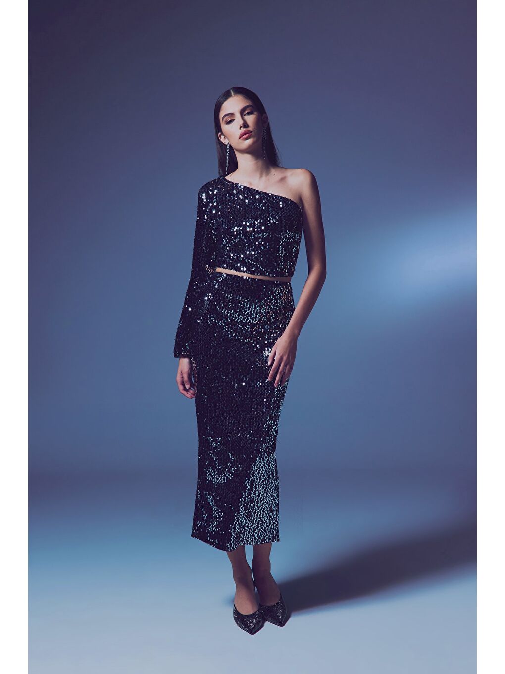 Gri Kadife Payetli Midi Etek - Gümüş-2