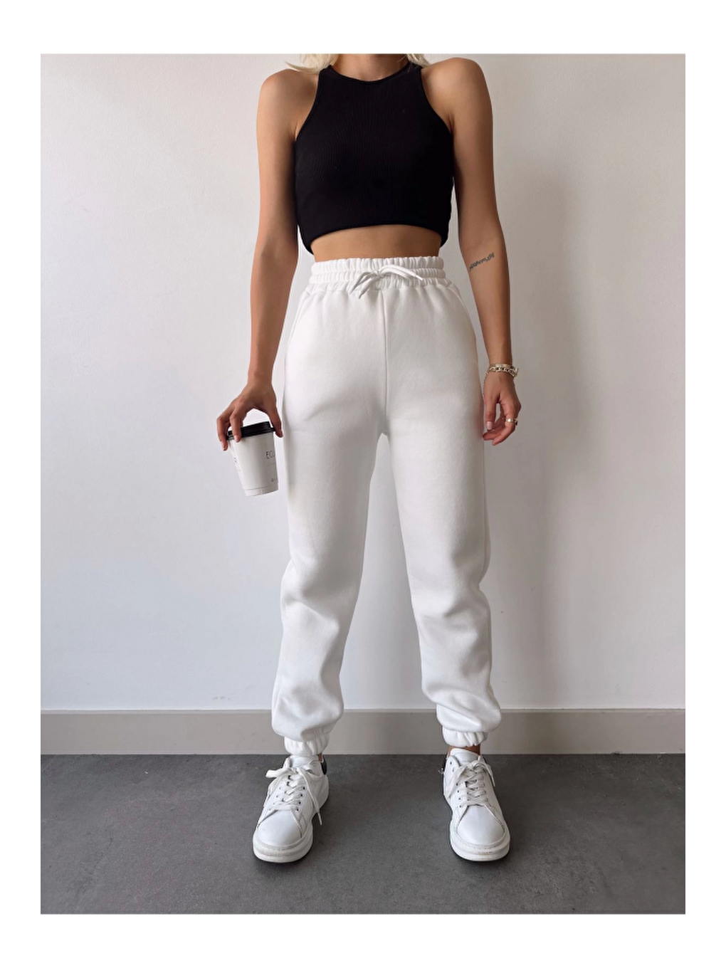 Gri Üç İplik Basic Lastikli Eşofman Pantolon - Beyaz-1