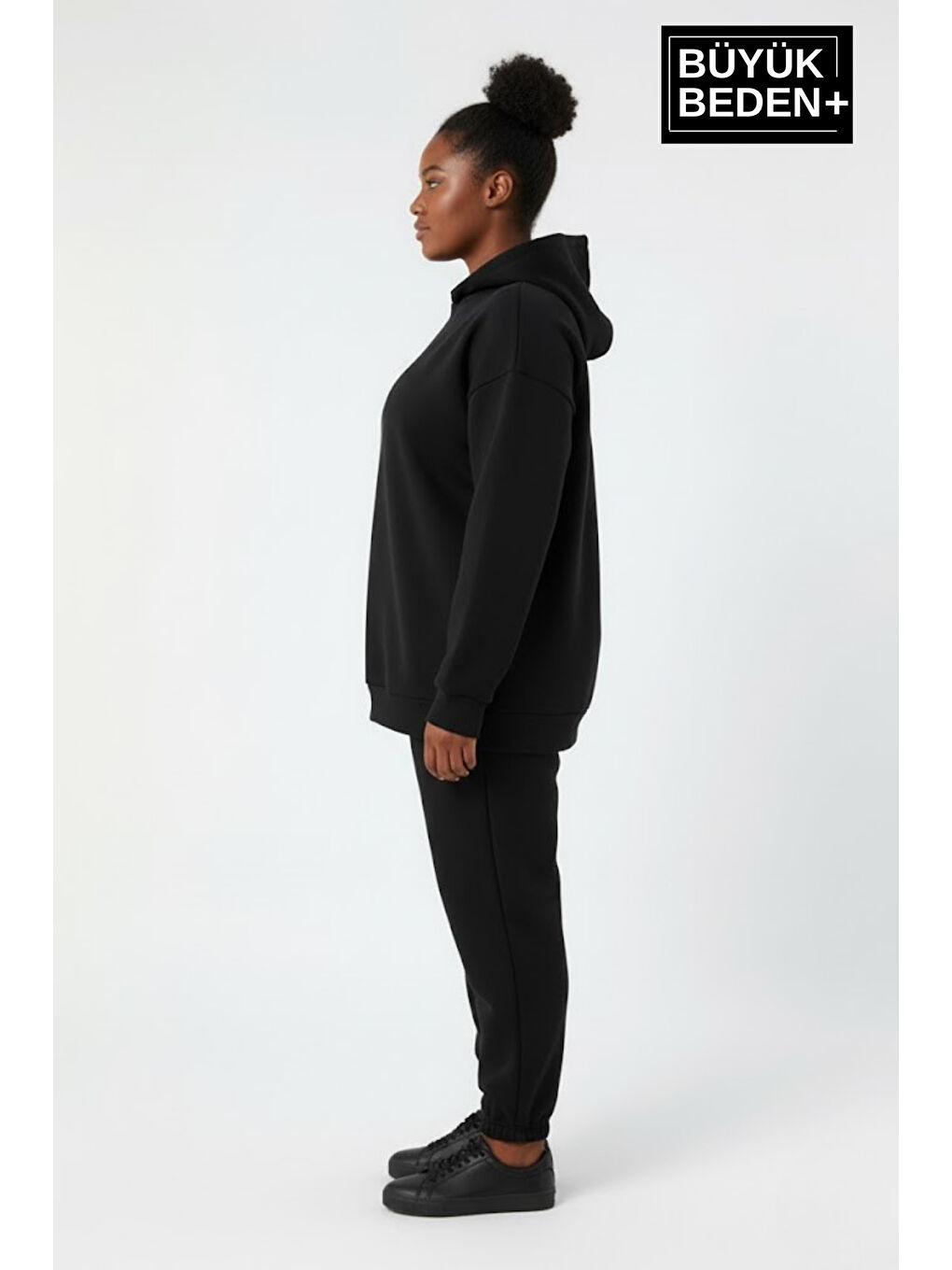 Lacivert Kadın Büyük Beden 2' li Set Kapüşonlu Kollar Ve Etek Ribanalı ince Swatshırt SPR26BSWK957+2-1