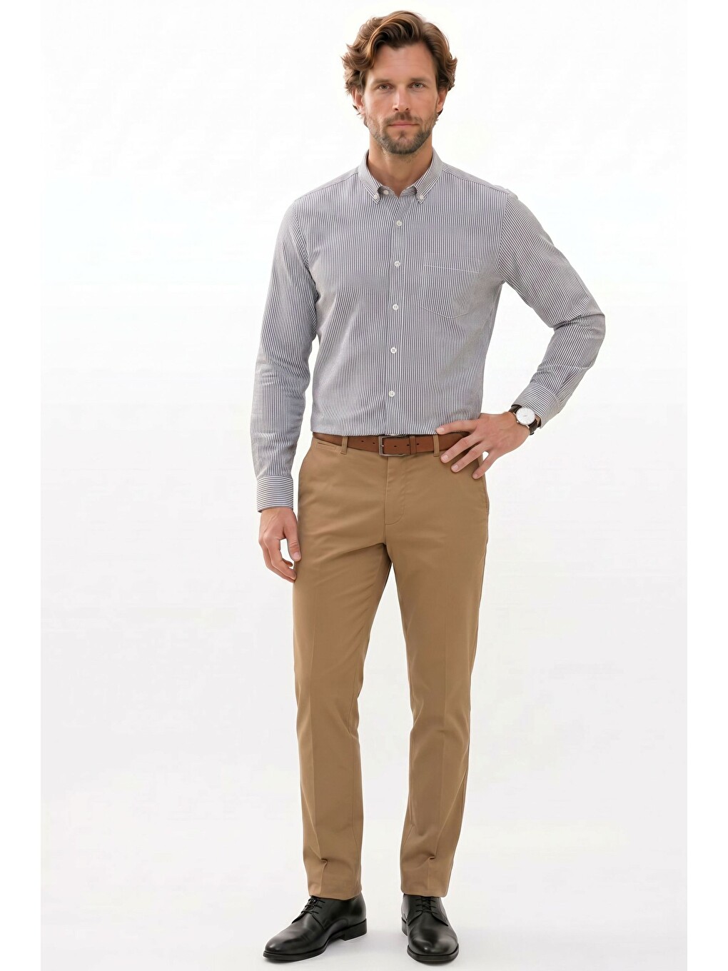 Erkek Slim Fit Dar Kesim %100 Pamuk Düğmeli Yaka Çizgili Uzun Kollu Cepli Keten Siyah-beyaz Gömlek-1