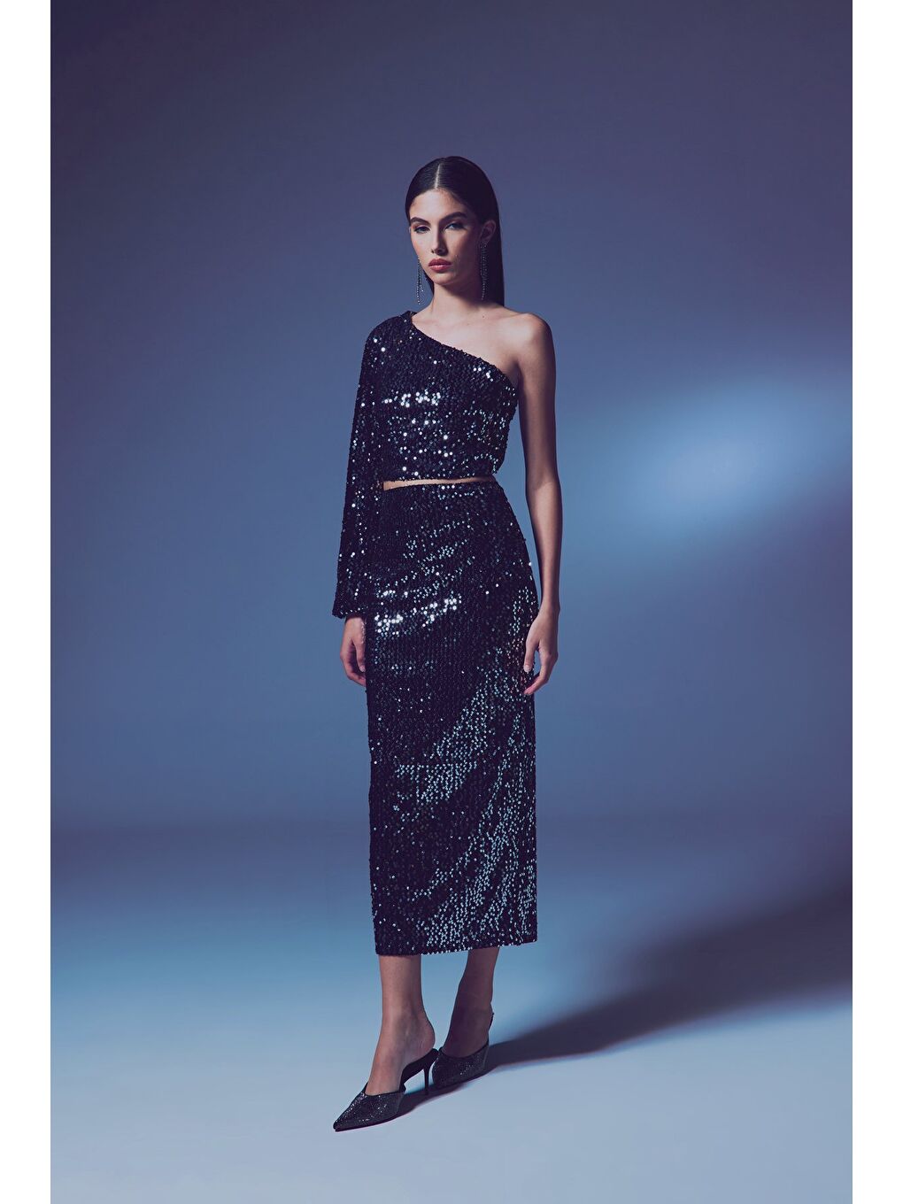 Gri Kadife Payetli Midi Etek - Gümüş-3