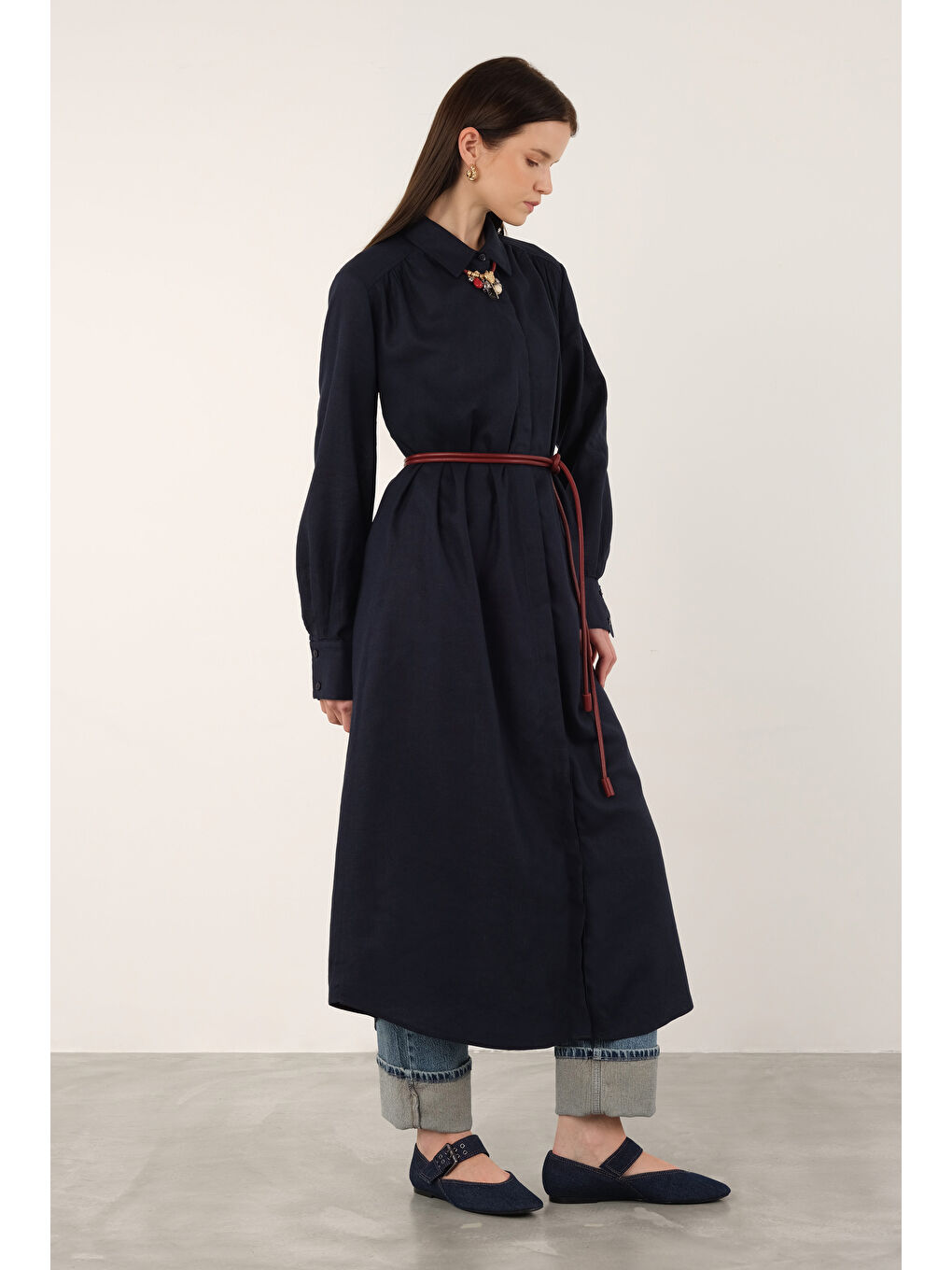 Uzun Keten Gömlek Ofis Lacivert-2