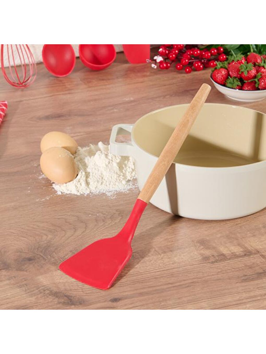 Karışık Silikon Başlıklı Ahşap Spatula - Renkli - 32 cm
