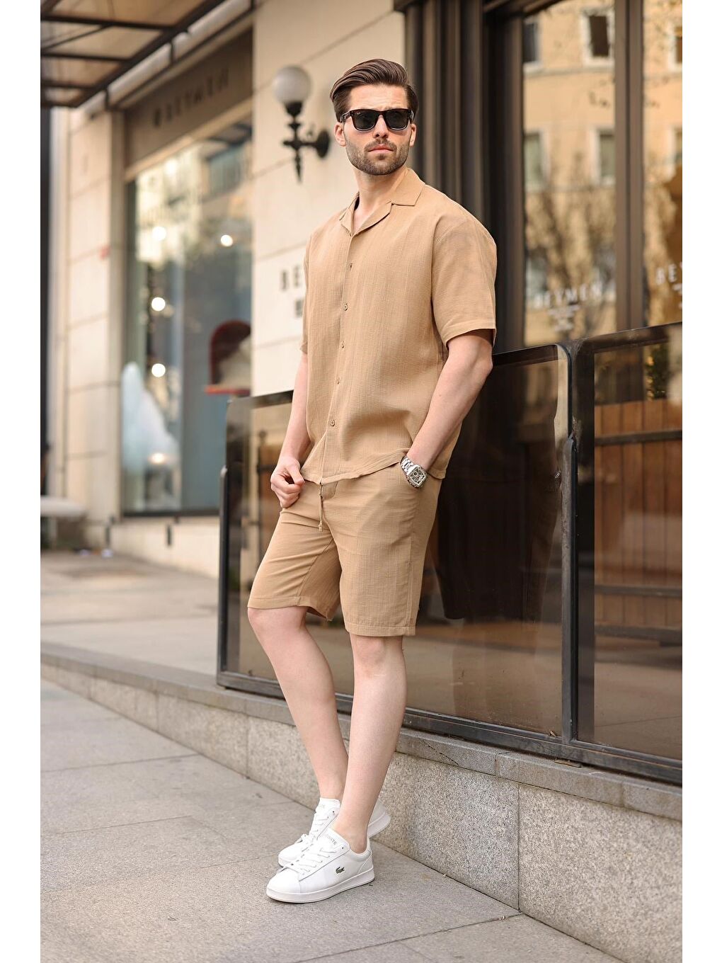 Bej Vizon %100 Pamuklu Erkek Şort Gömlek Takım E7360-1