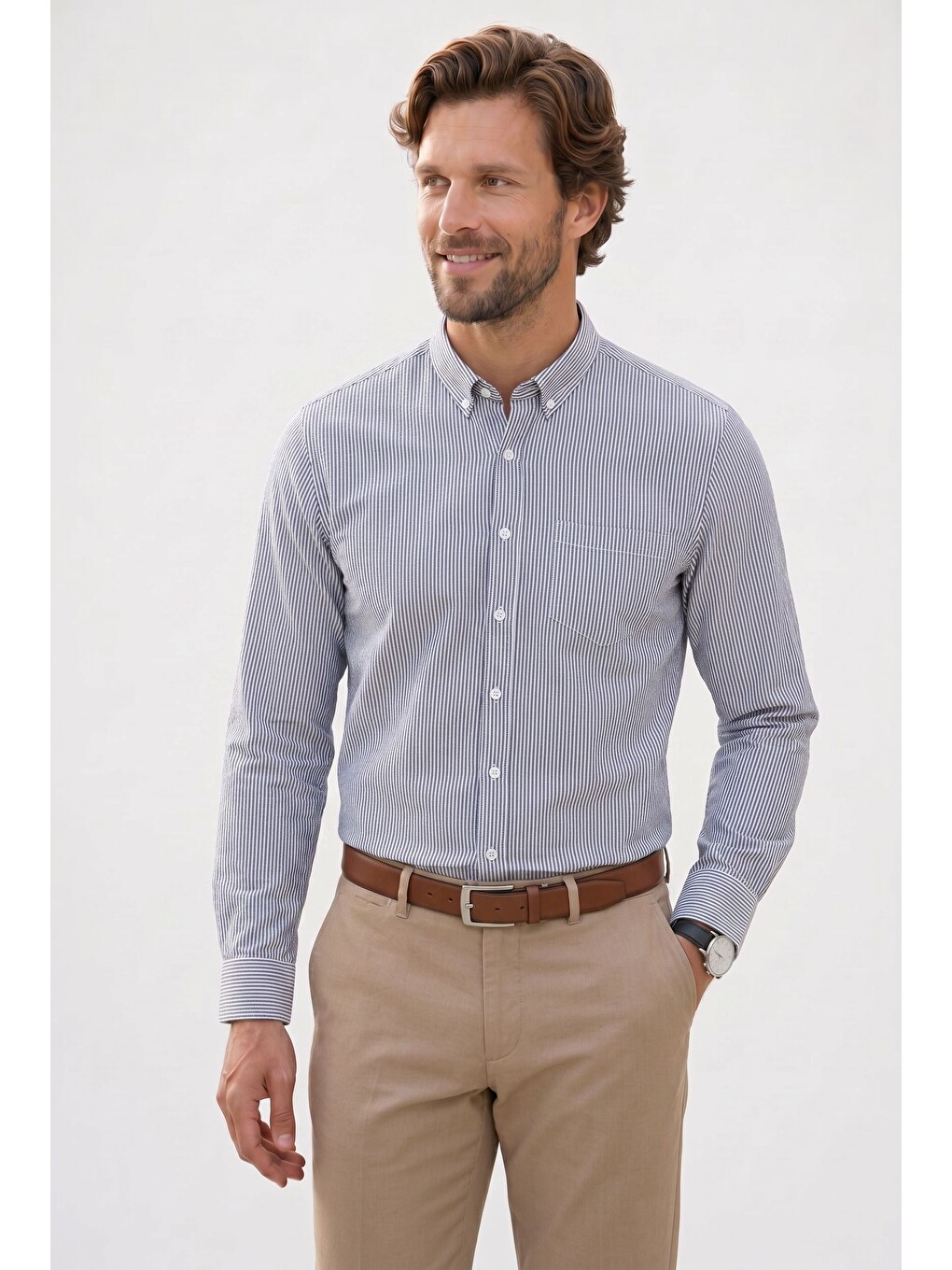 Erkek Slim Fit Dar Kesim %100 Pamuk Düğmeli Yaka Çizgili Uzun Kollu Cepli Keten Siyah-beyaz Gömlek-2