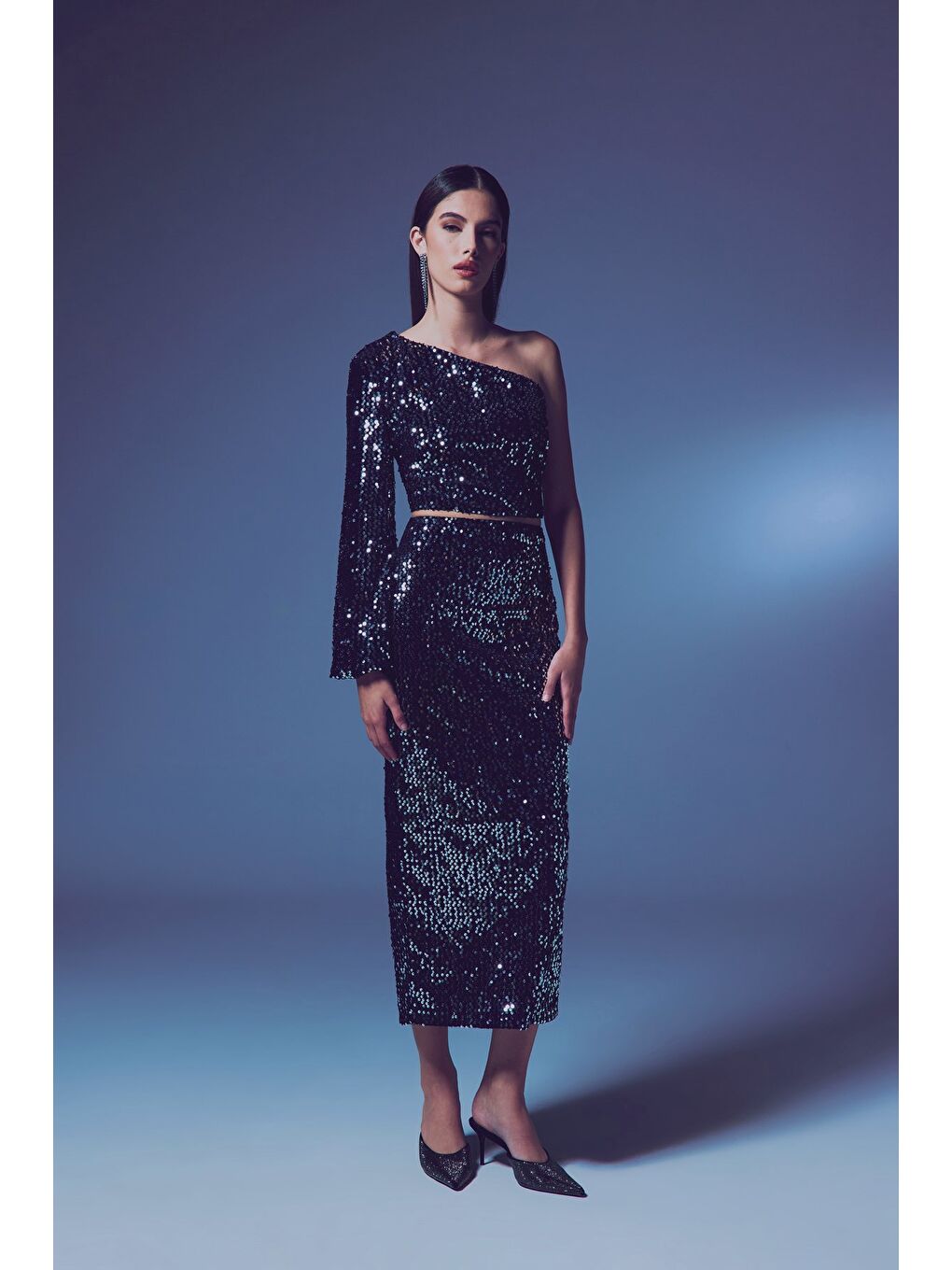 Gri Kadife Payetli Midi Etek - Gümüş-4