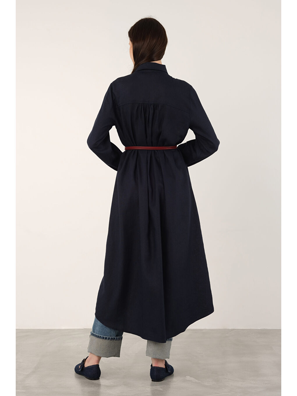 Uzun Keten Gömlek Ofis Lacivert-3