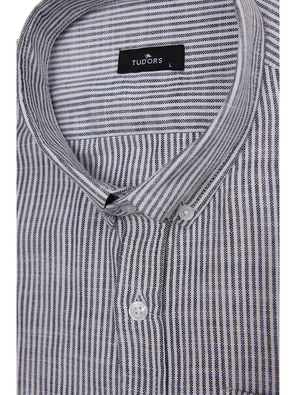 Erkek Slim Fit Dar Kesim %100 Pamuk Düğmeli Yaka Çizgili Uzun Kollu Cepli Keten Siyah-beyaz Gömlek-3