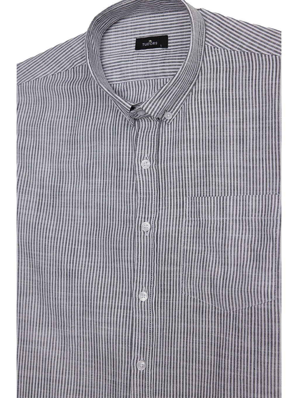 Erkek Slim Fit Dar Kesim %100 Pamuk Düğmeli Yaka Çizgili Uzun Kollu Cepli Keten Siyah-beyaz Gömlek-4