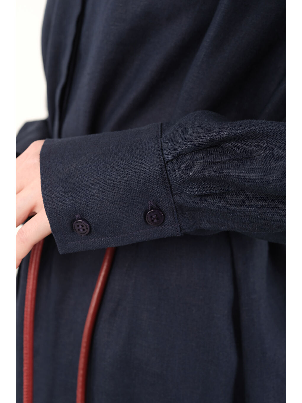 Uzun Keten Gömlek Ofis Lacivert-4