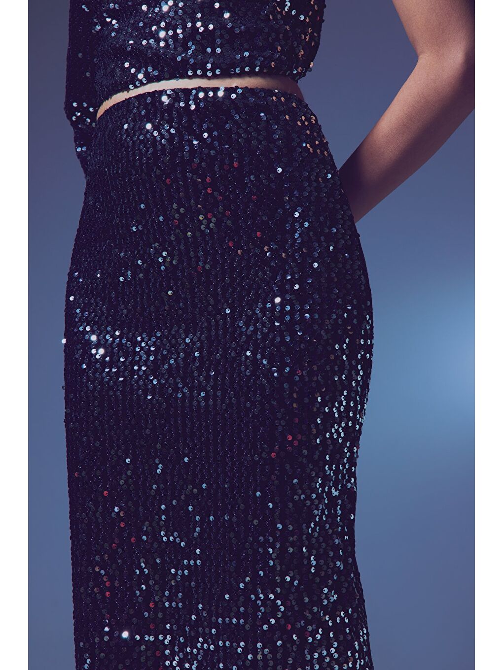 Gri Kadife Payetli Midi Etek - Gümüş-6