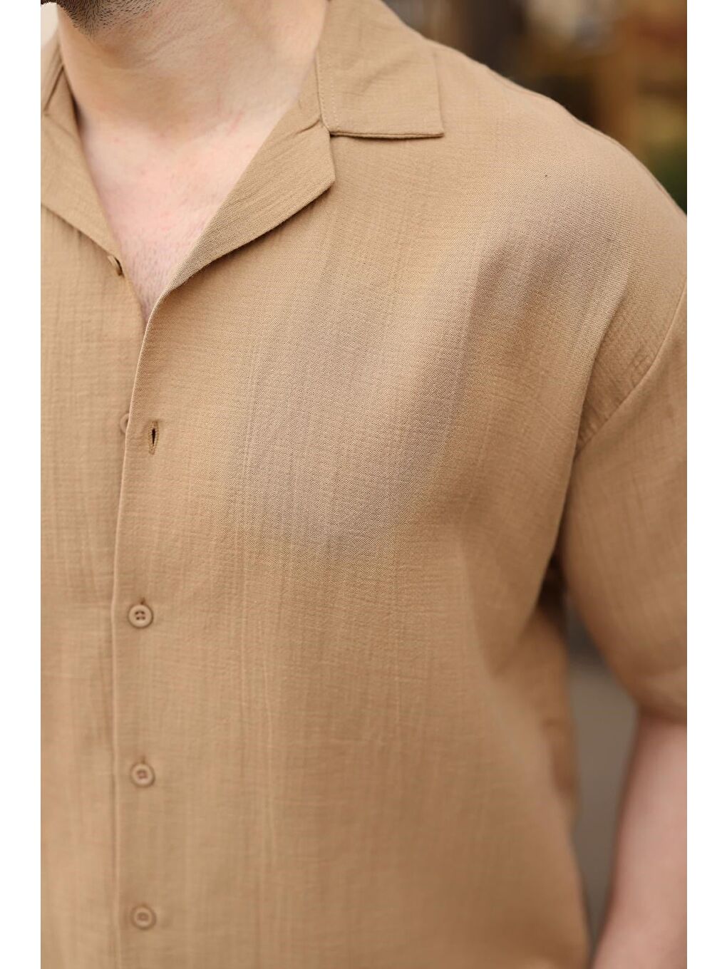 Bej Vizon %100 Pamuklu Erkek Şort Gömlek Takım E7360-2