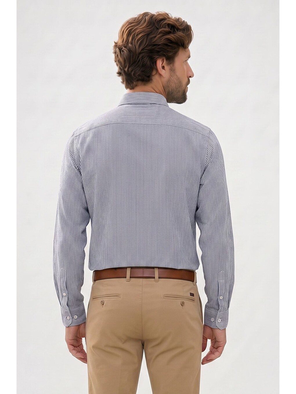 Erkek Slim Fit Dar Kesim %100 Pamuk Düğmeli Yaka Çizgili Uzun Kollu Cepli Keten Siyah-beyaz Gömlek-5