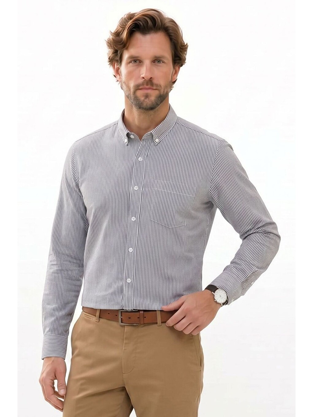 Erkek Slim Fit Dar Kesim %100 Pamuk Düğmeli Yaka Çizgili Uzun Kollu Cepli Keten Siyah-beyaz Gömlek-6