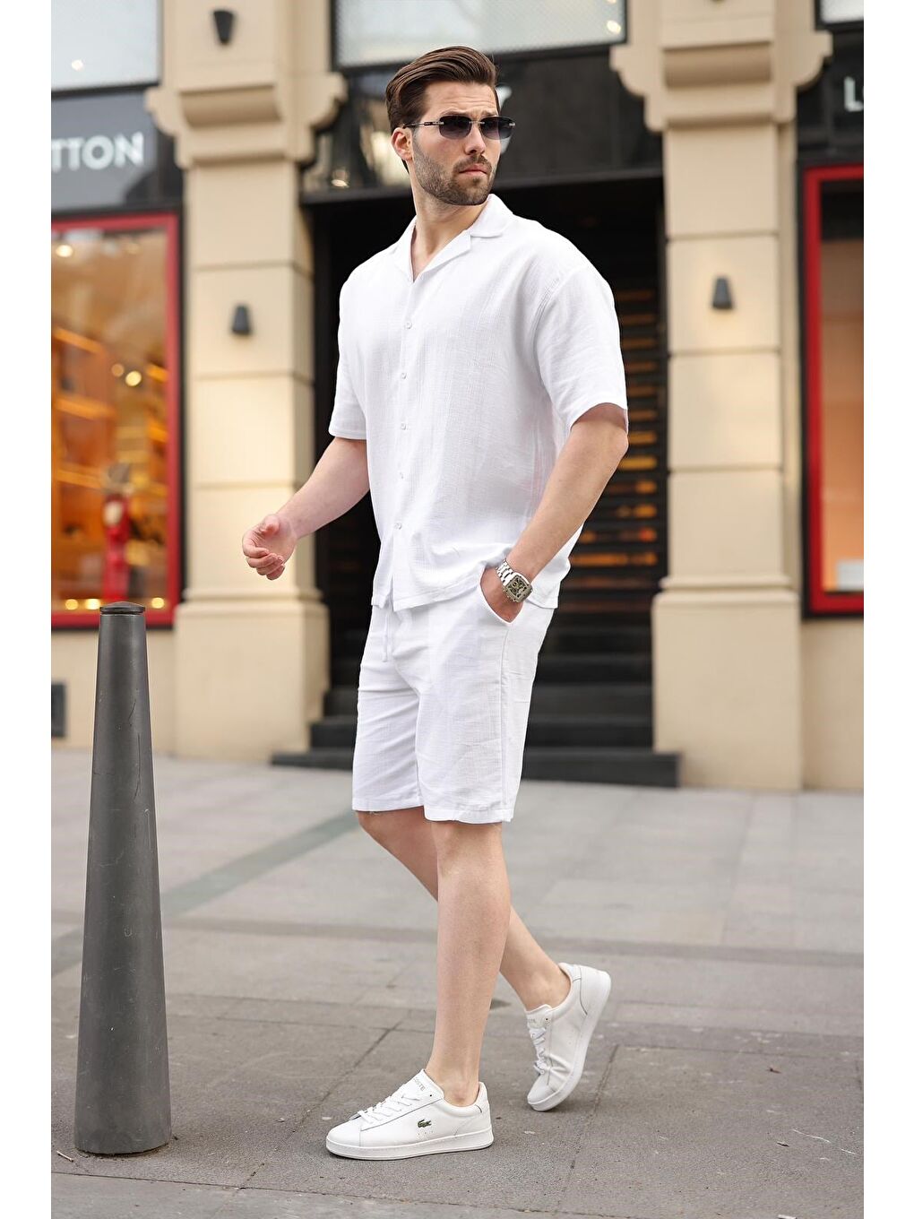 Beyaz %100 Pamuklu Erkek Şort Gömlek Takım E7360