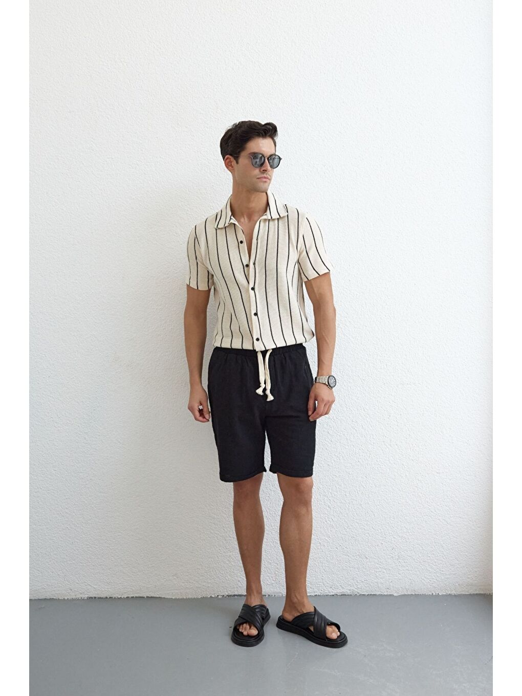 Siyah Sangi Erkek Keten Rahat Kalıp Şort-1