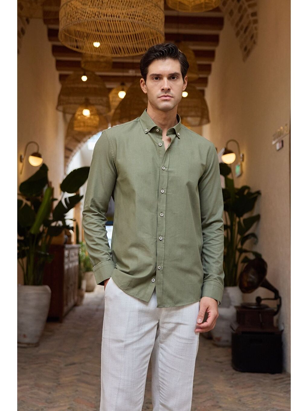 Haki Turi Erkek Pamuk Gömlek Modern Slim Fit Keten Görünümlü Uzun Kol