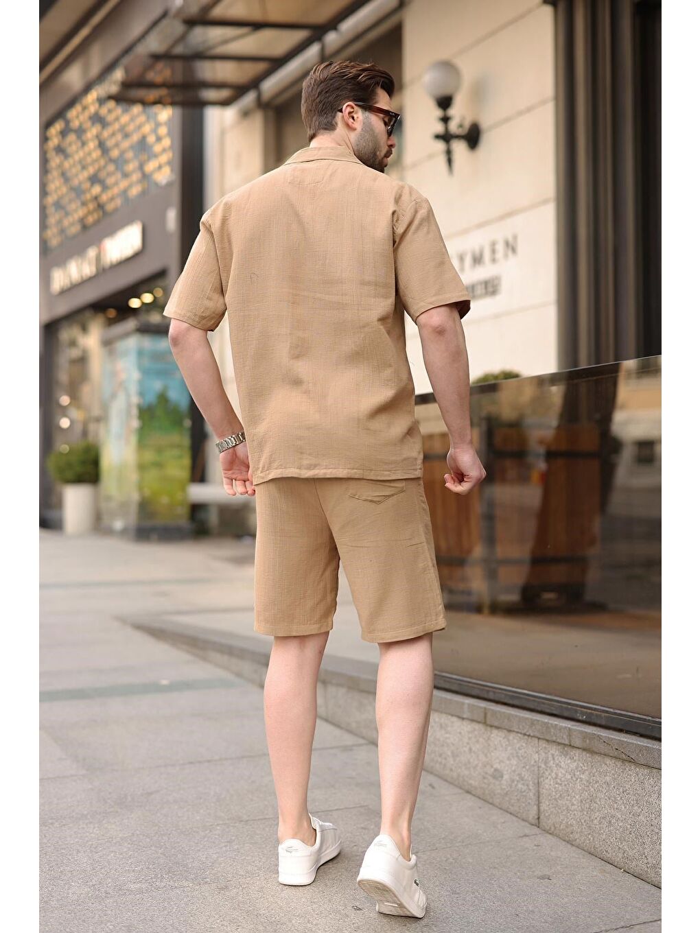 Bej Vizon %100 Pamuklu Erkek Şort Gömlek Takım E7360-3