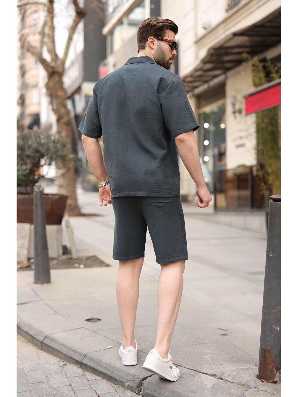Gri Füme %100 Pamuklu Erkek Şort Gömlek Takım E7360-2