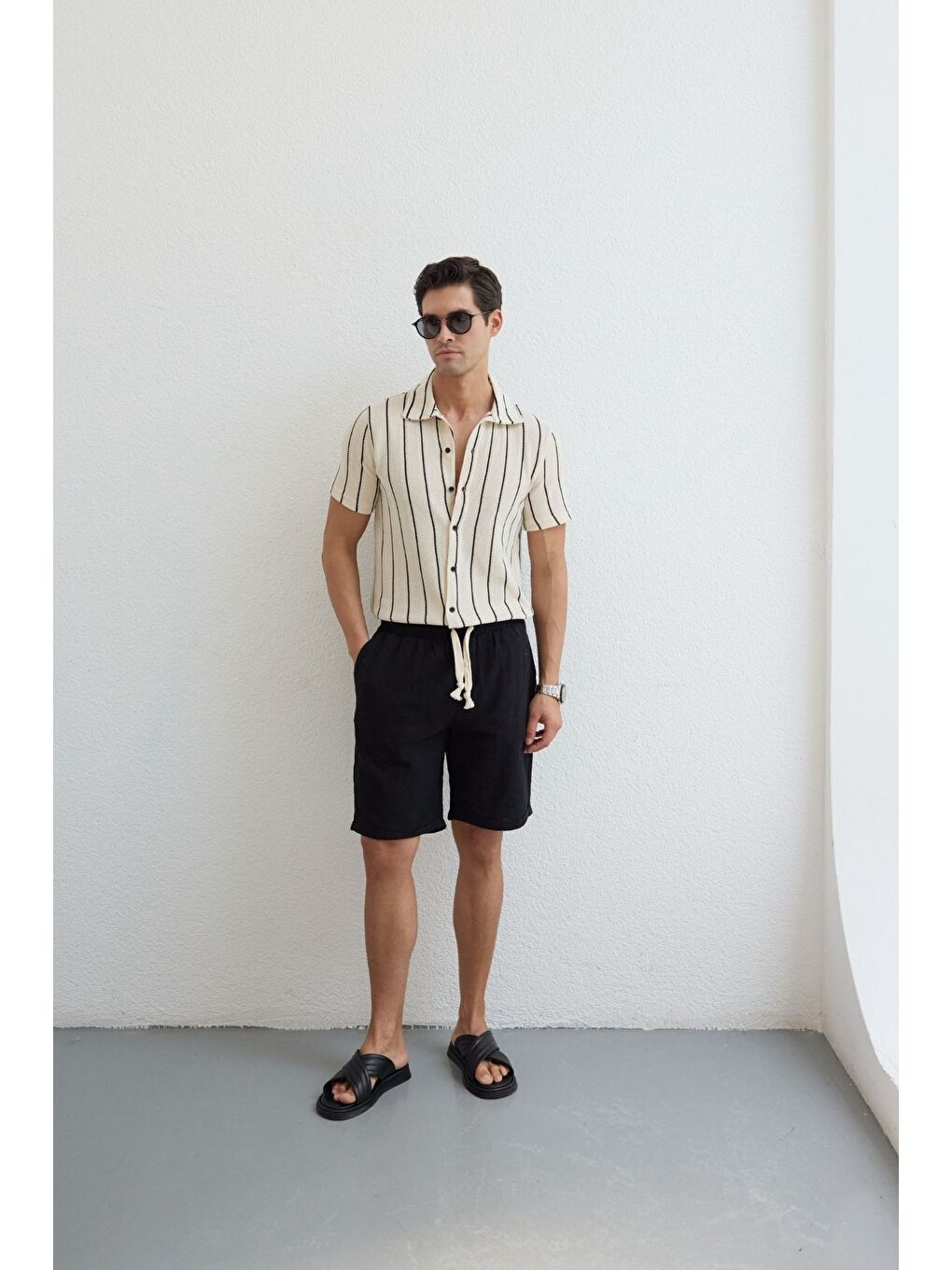 Siyah Sangi Erkek Keten Rahat Kalıp Şort-2