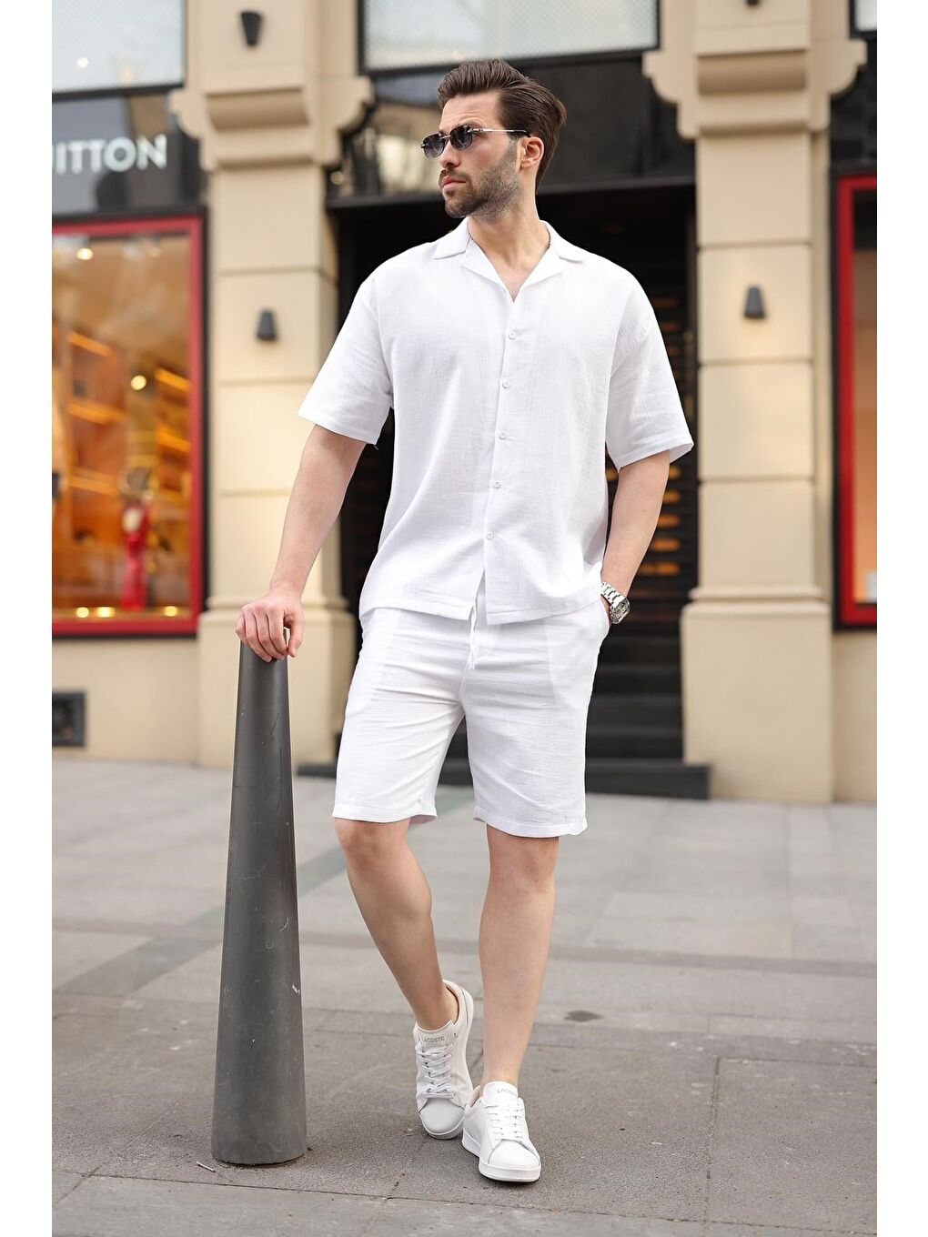 Beyaz %100 Pamuklu Erkek Şort Gömlek Takım E7360-1