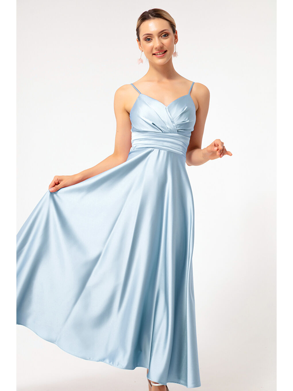 Kadın Bebe Mavi İp Askılı Bel Kemerli Saten Midi Abiye & Mezuniyet Elbisesi-1