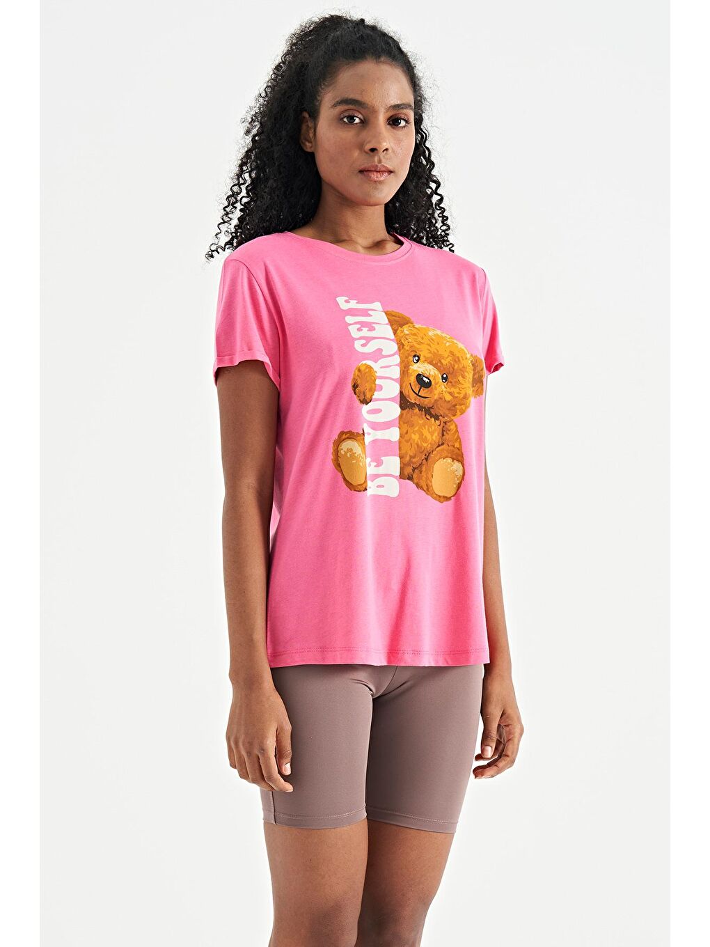 Veryperi Koyu Pembe Şeker Pembe Ayıcık Baskılı Kısa Kollu O Yaka Oversize Kadın T-Shirt - 02242 - 3