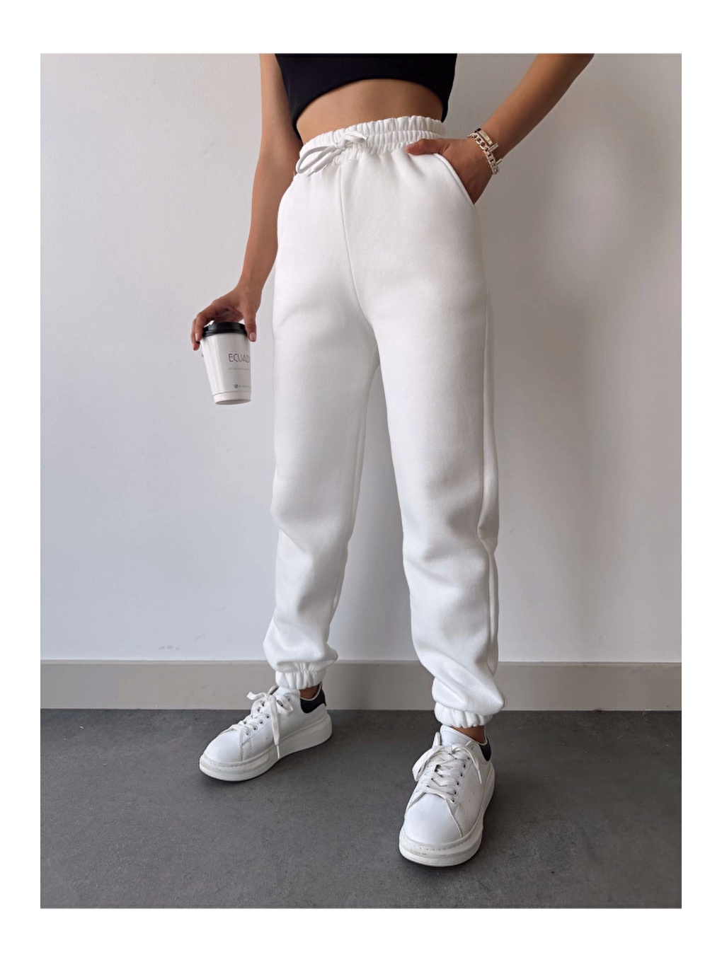 Gri Üç İplik Basic Lastikli Eşofman Pantolon - Beyaz-2