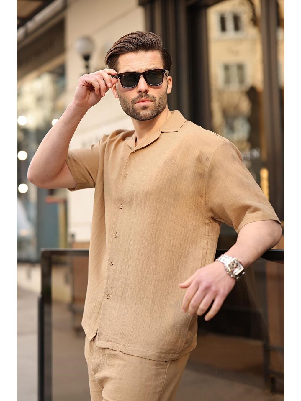 Bej Vizon %100 Pamuklu Erkek Şort Gömlek Takım E7360-4