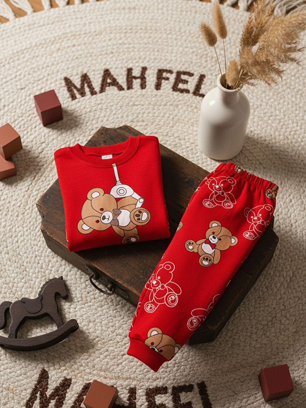 Kahverengi %100 Pamuklu Kiremit Ayıcıklı Çocuk Pijama Takımı 1-6 Yaş-5