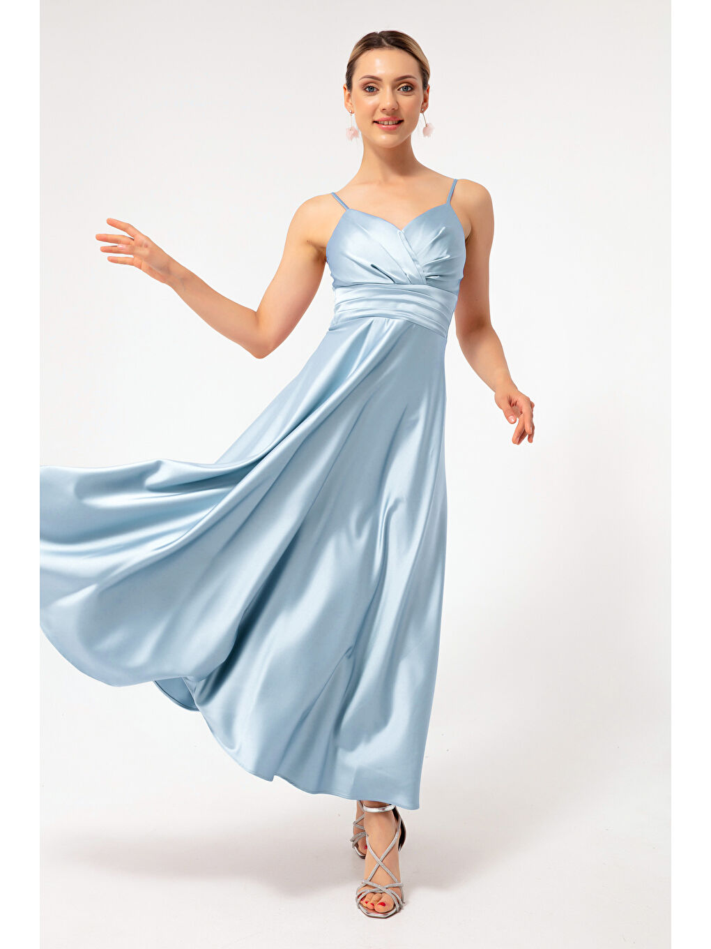 Kadın Bebe Mavi İp Askılı Bel Kemerli Saten Midi Abiye & Mezuniyet Elbisesi-2