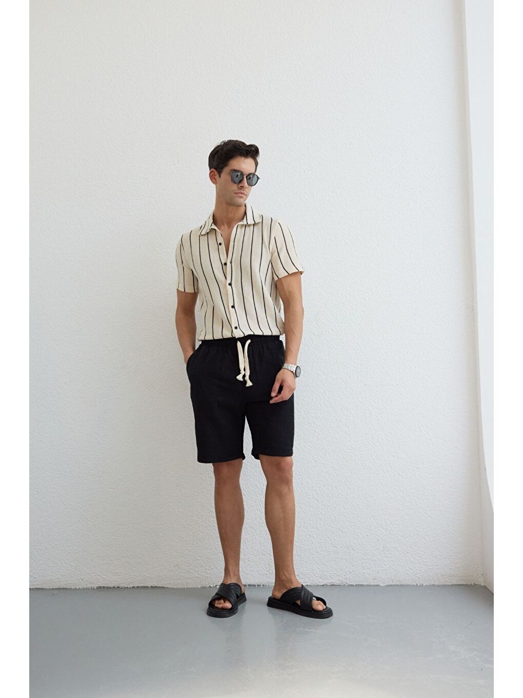 Siyah Sangi Erkek Keten Rahat Kalıp Şort-3