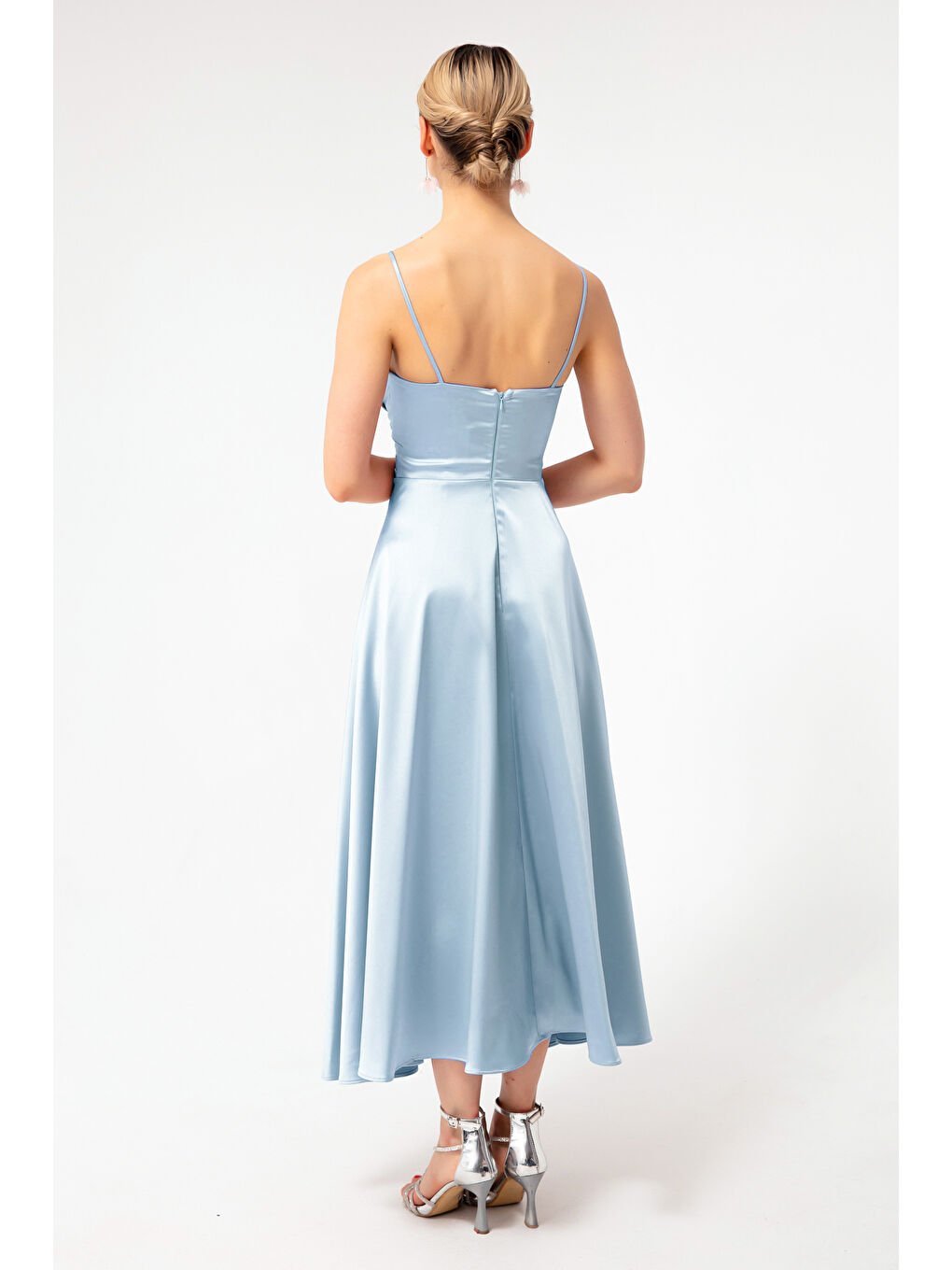 Kadın Bebe Mavi İp Askılı Bel Kemerli Saten Midi Abiye & Mezuniyet Elbisesi-4