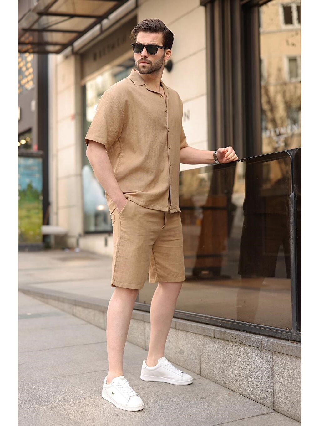 Bej Vizon %100 Pamuklu Erkek Şort Gömlek Takım E7360-5
