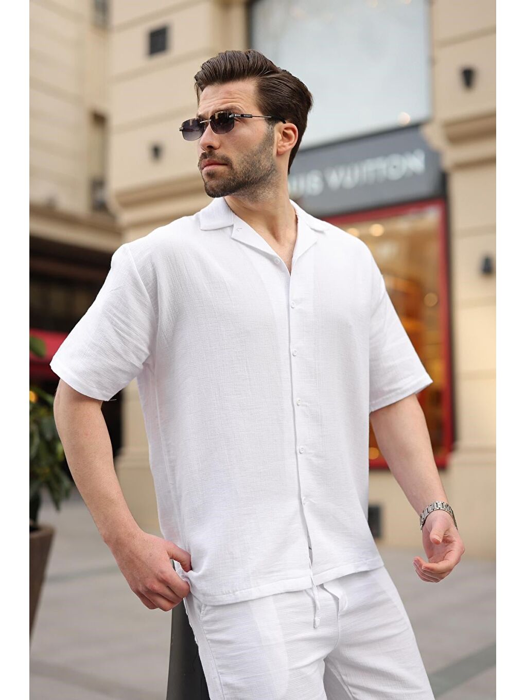 Beyaz %100 Pamuklu Erkek Şort Gömlek Takım E7360-2