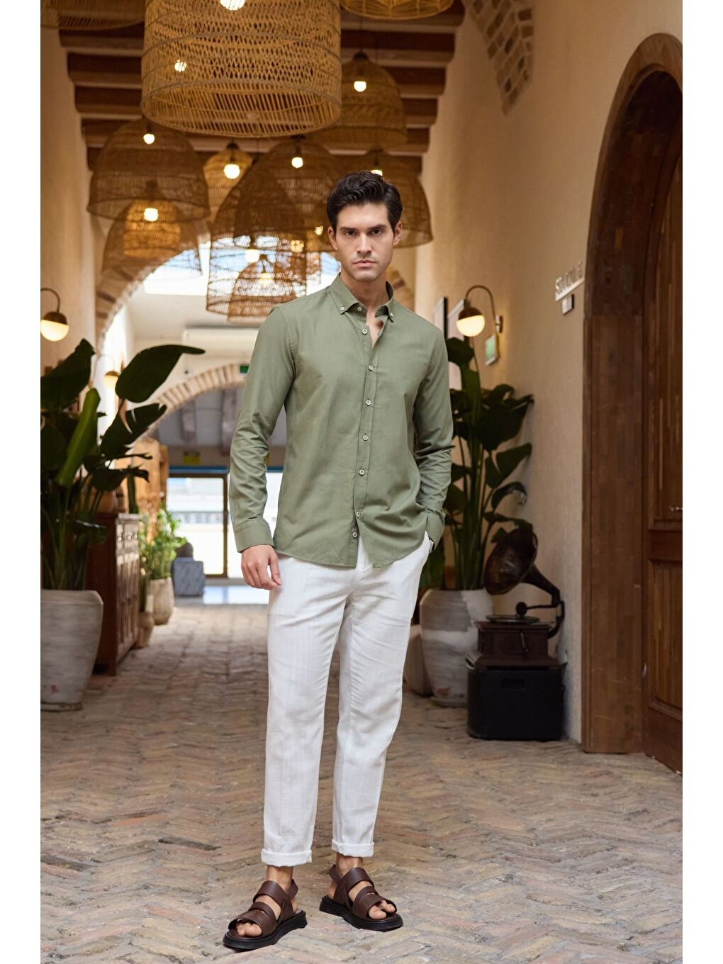 Haki Turi Erkek Pamuk Gömlek Modern Slim Fit Keten Görünümlü Uzun Kol-1