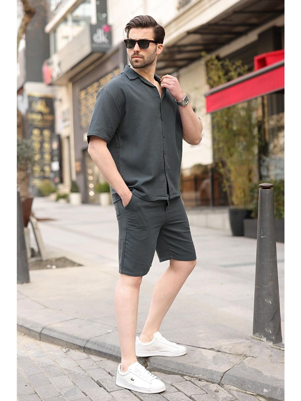 Gri Füme %100 Pamuklu Erkek Şort Gömlek Takım E7360-4