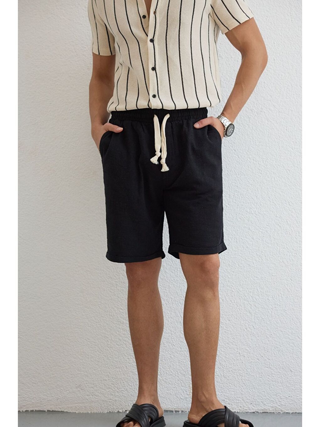 Siyah Sangi Erkek Keten Rahat Kalıp Şort-4