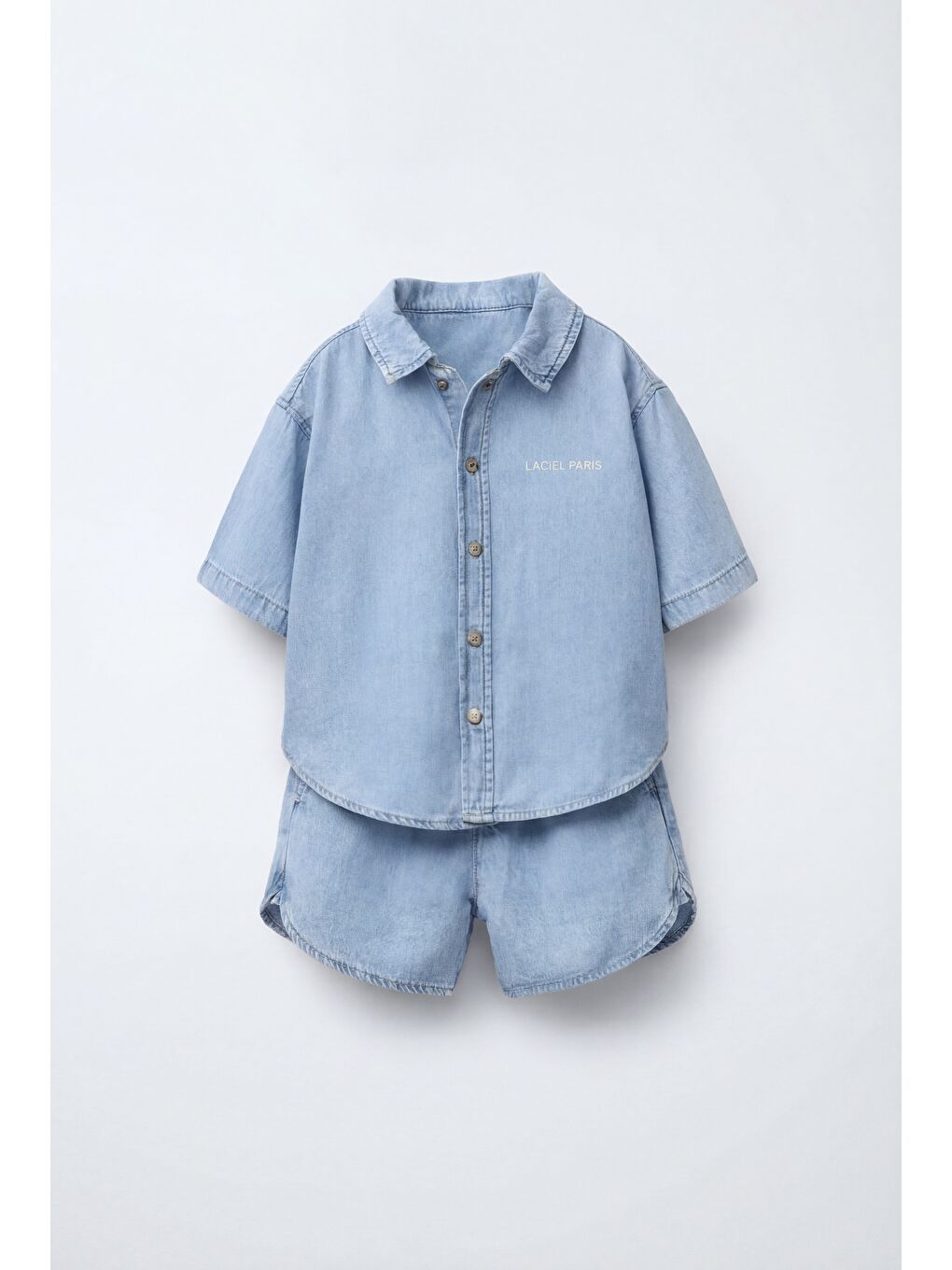 Erkek Çocuk Oversize Denim Mavi Gömlek Şort Takım - Yazlık İkili Takım