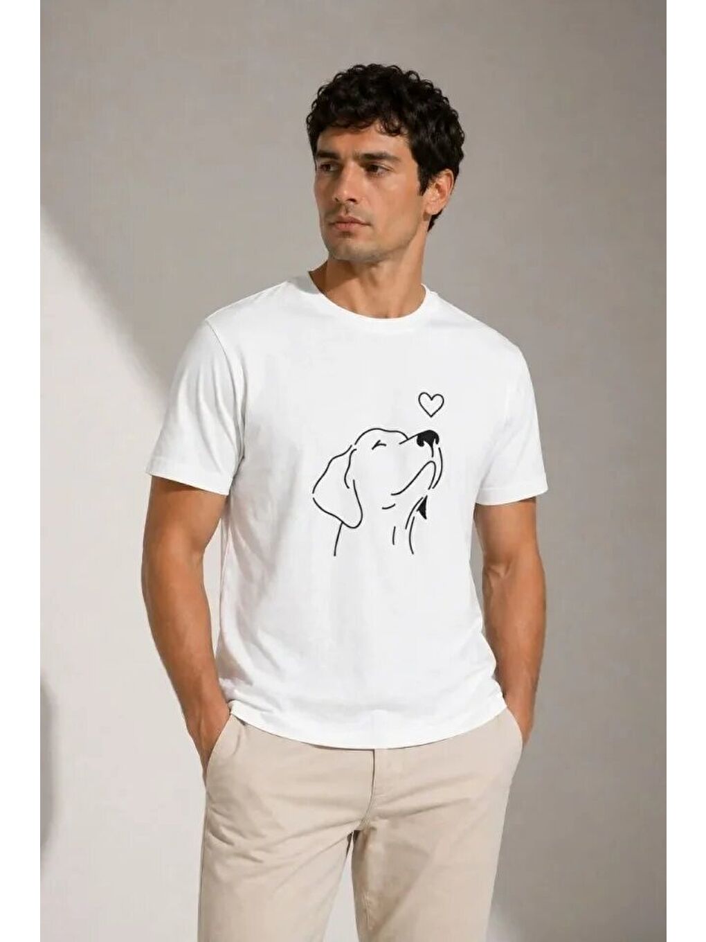 Erkek Köpek Figürlü Minimal Baskılı Tişört Kısa Kol Yazlık T-Shirt - Beyaz-1