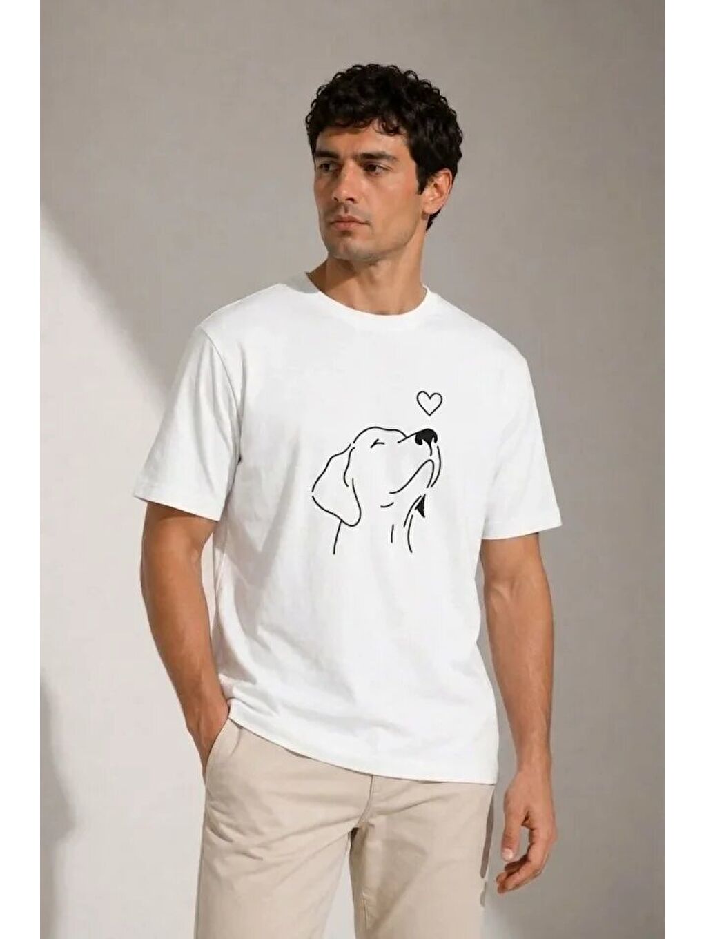 Erkek Köpek Figürlü Minimal Baskılı Tişört Kısa Kol Yazlık T-Shirt - Beyaz-2