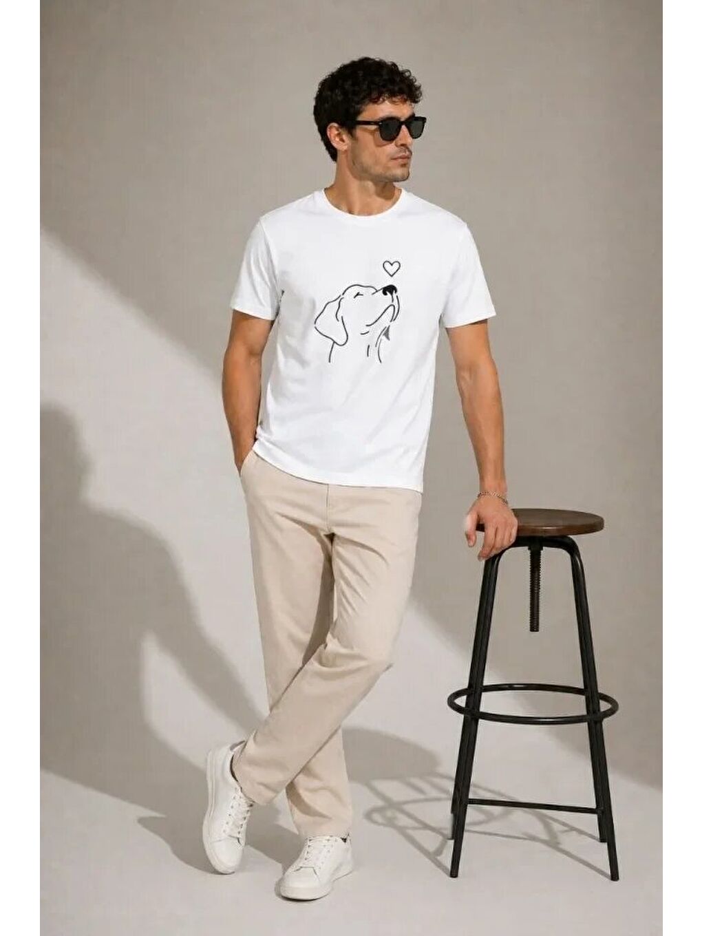 Erkek Köpek Figürlü Minimal Baskılı Tişört Kısa Kol Yazlık T-Shirt - Beyaz-3
