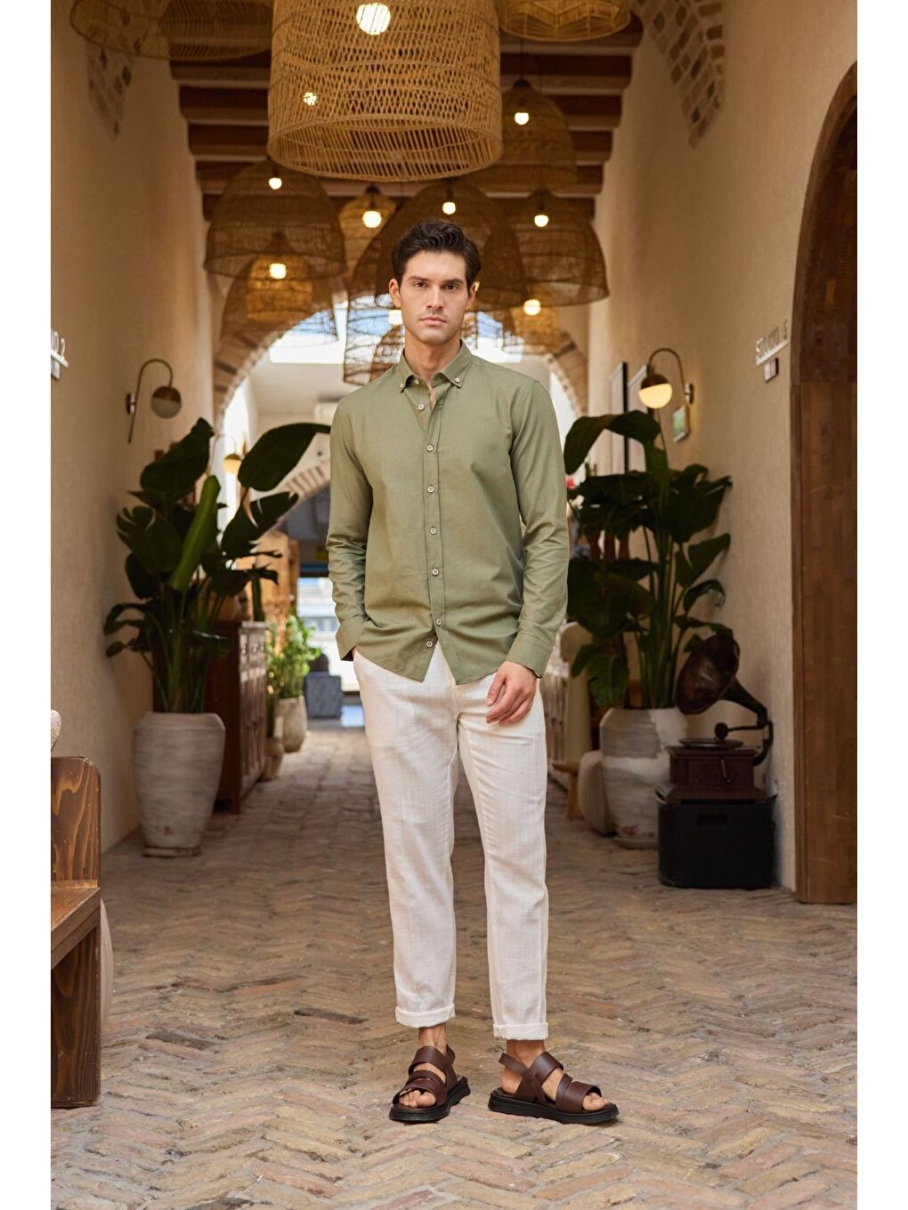 Haki Turi Erkek Pamuk Gömlek Modern Slim Fit Keten Görünümlü Uzun Kol-2