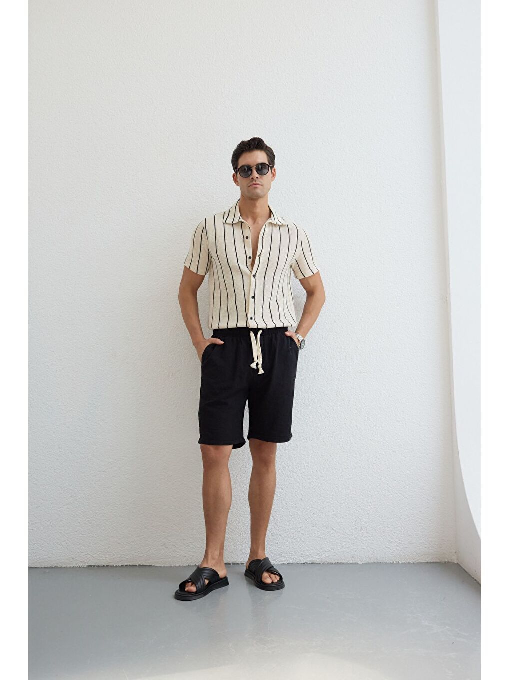 Siyah Sangi Erkek Keten Rahat Kalıp Şort-5