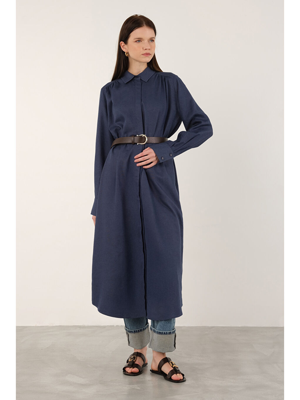 Uzun Keten Gömlek Jean Mavi