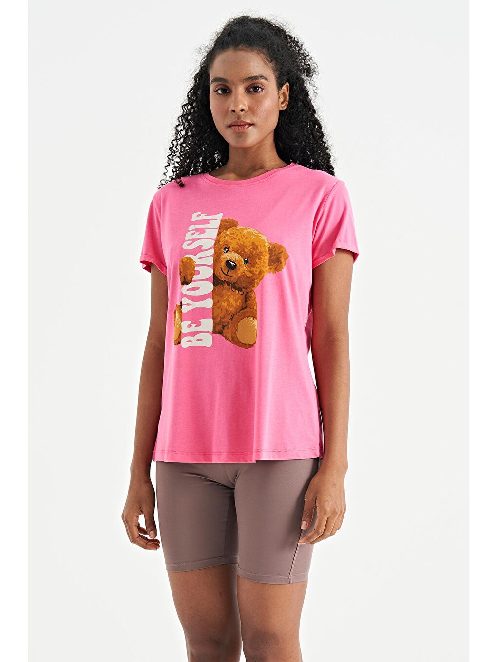 Veryperi Koyu Pembe Şeker Pembe Ayıcık Baskılı Kısa Kollu O Yaka Oversize Kadın T-Shirt - 02242 - 4