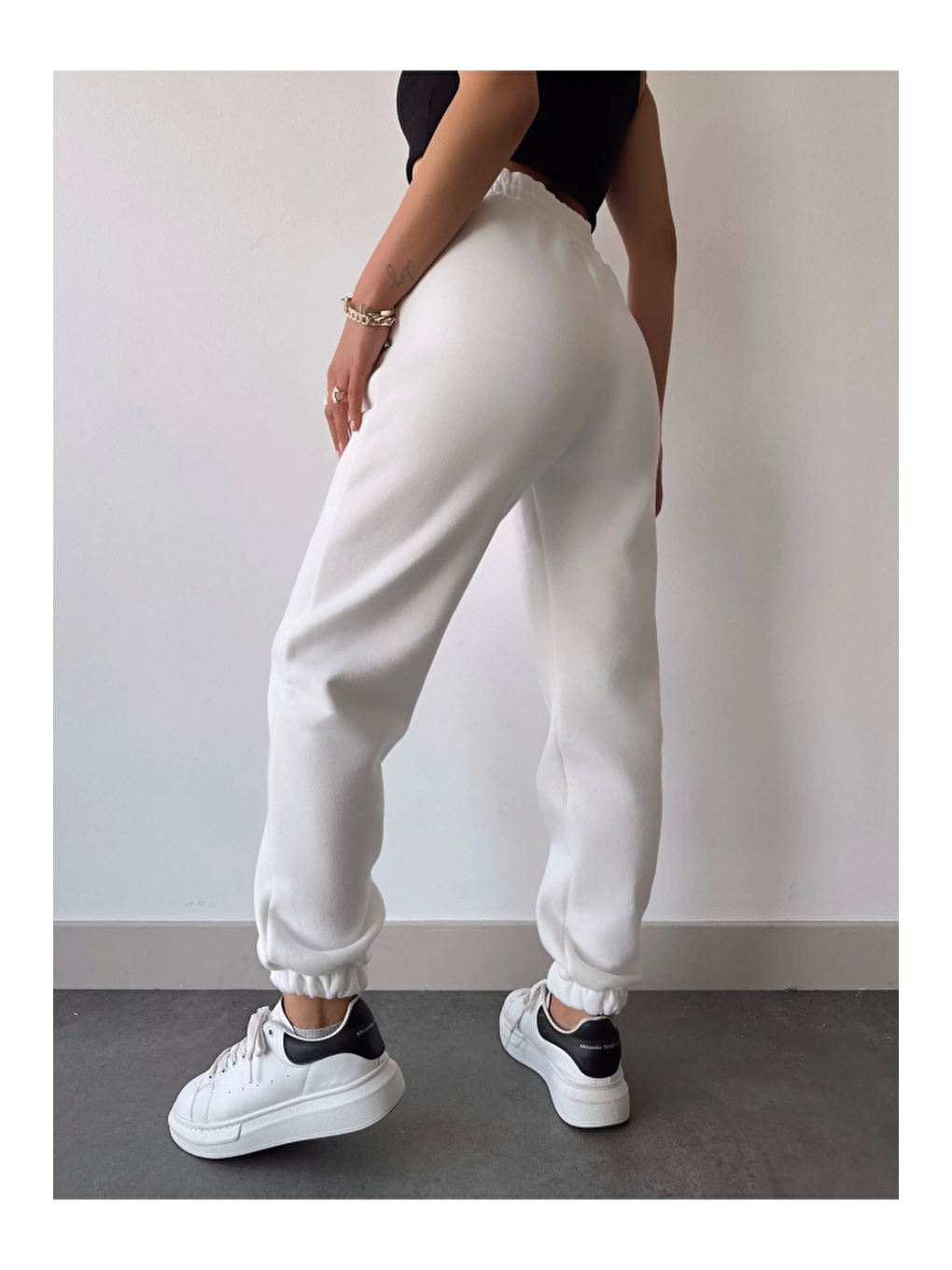 Gri Üç İplik Basic Lastikli Eşofman Pantolon - Beyaz-3