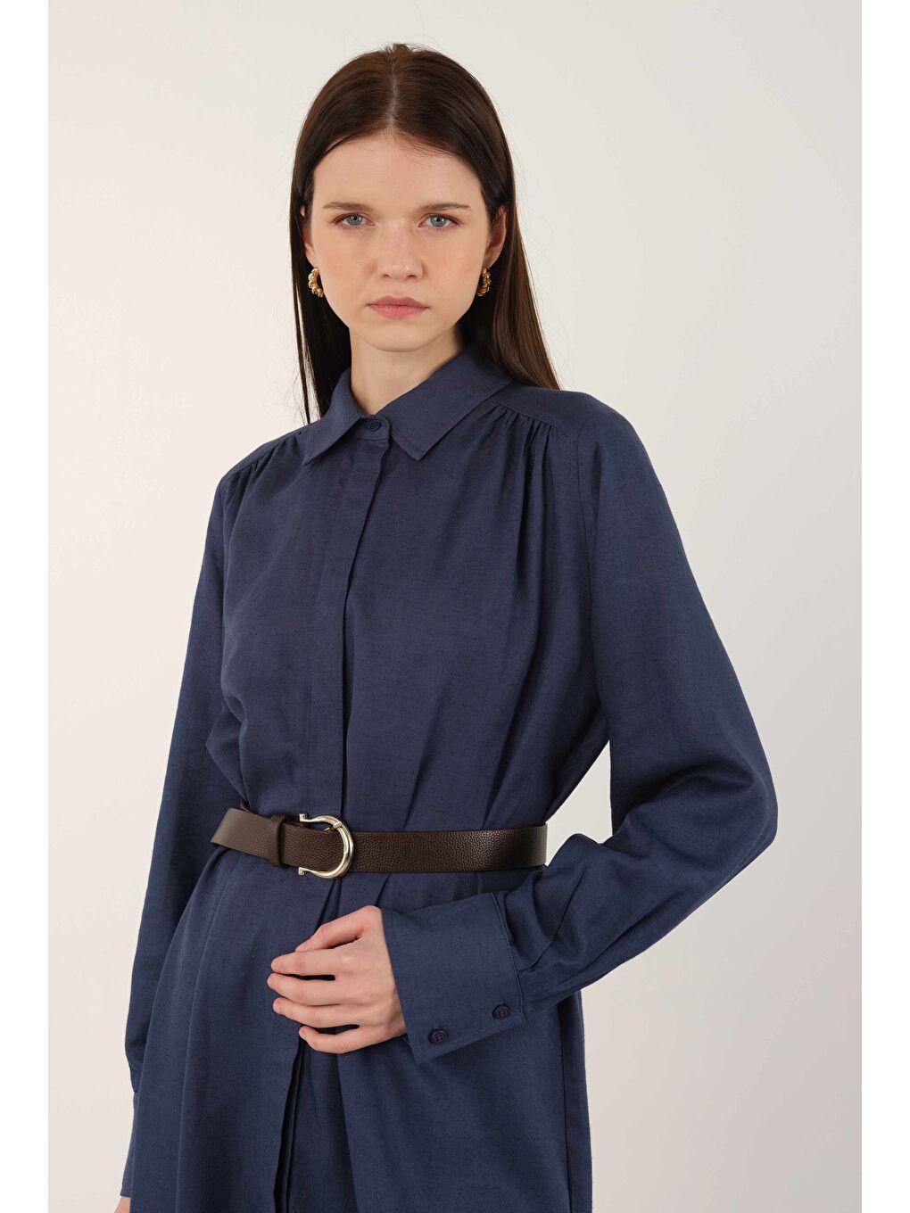 Uzun Keten Gömlek Jean Mavi-1