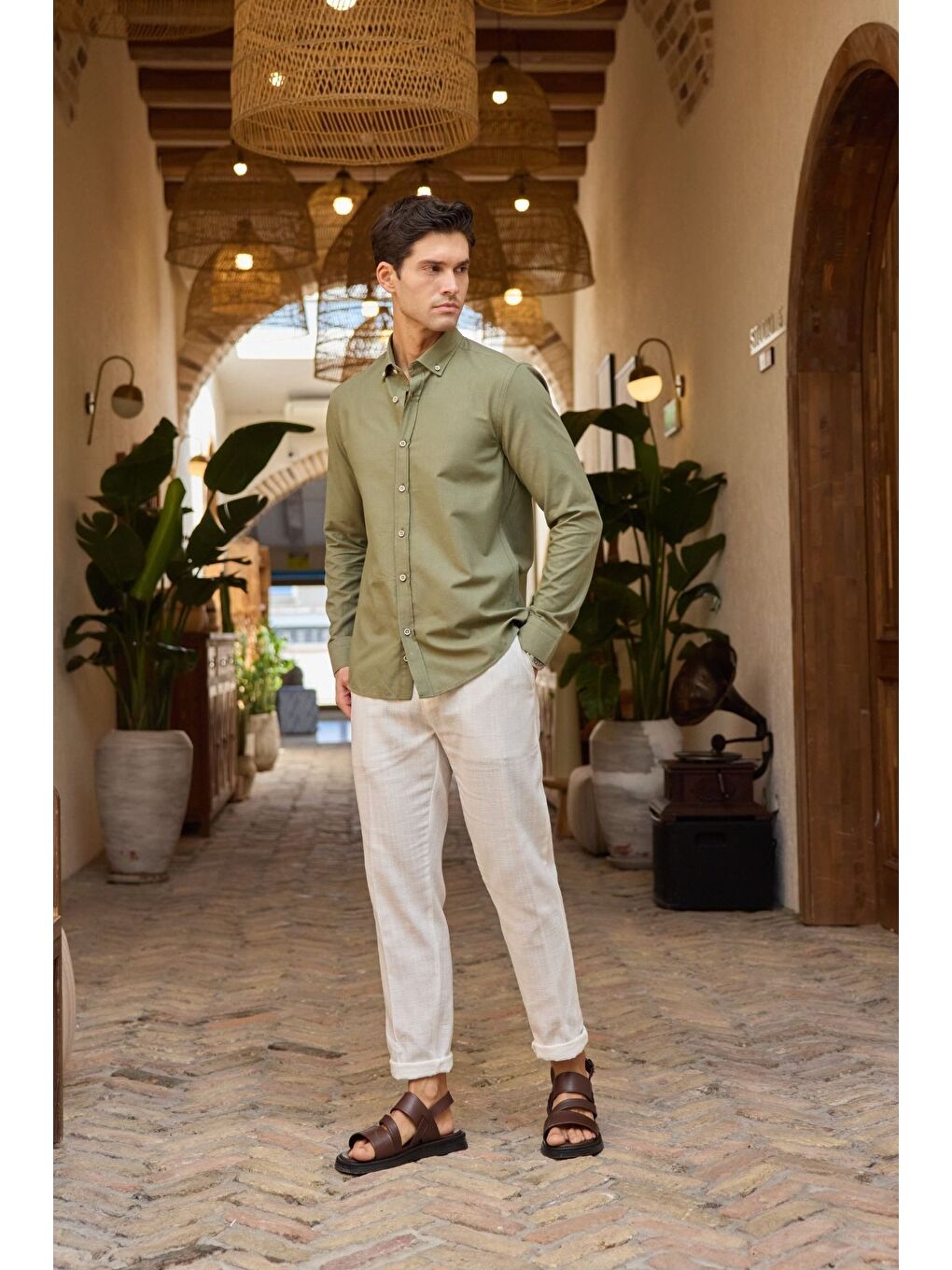 Haki Turi Erkek Pamuk Gömlek Modern Slim Fit Keten Görünümlü Uzun Kol-3